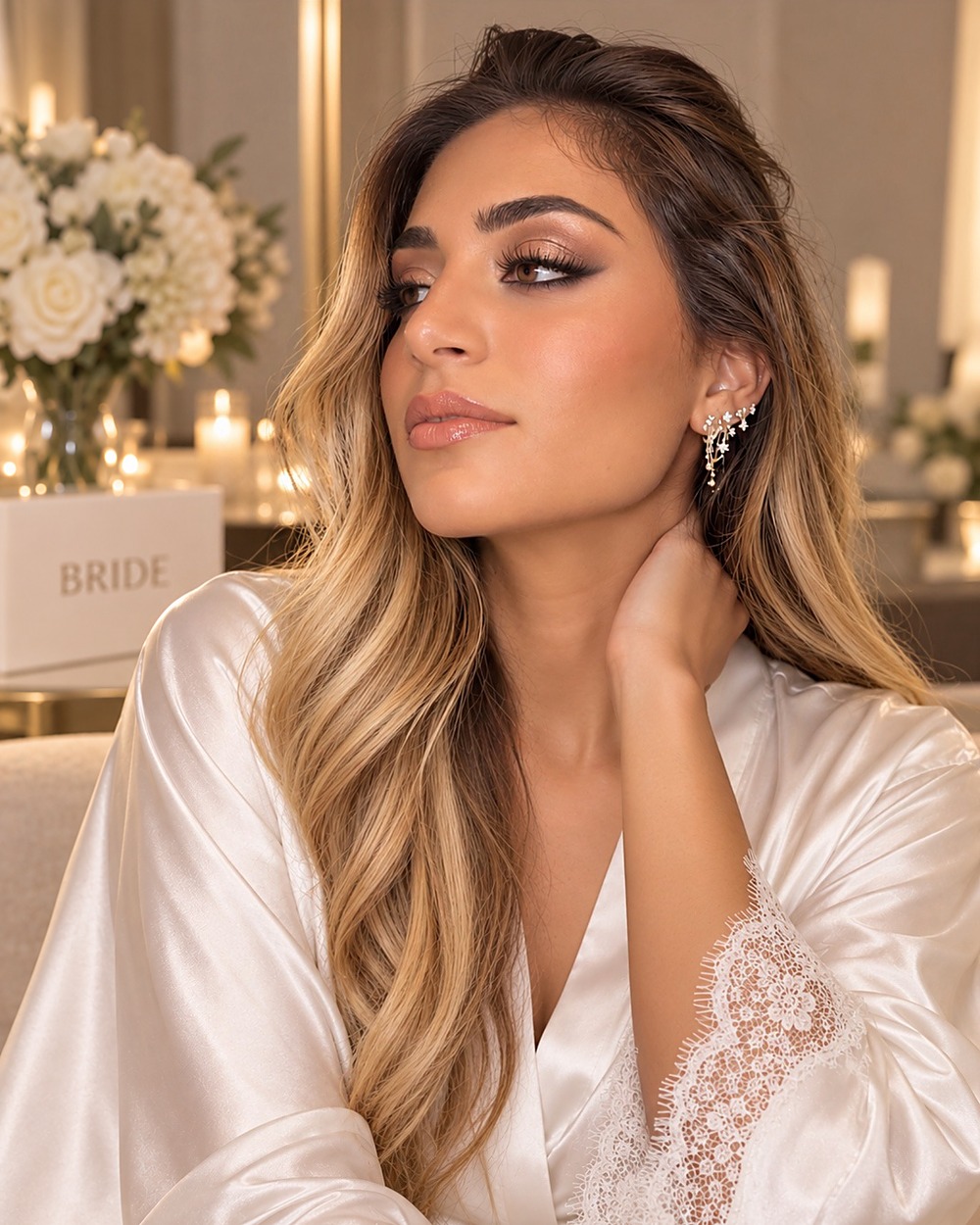 Novia con bata blanca durante su maquillaje del día de la boda